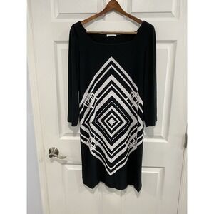 Calvin Klein Women's Black White 3/4 Sleeve Stretch Shift‎ Dress Size XL